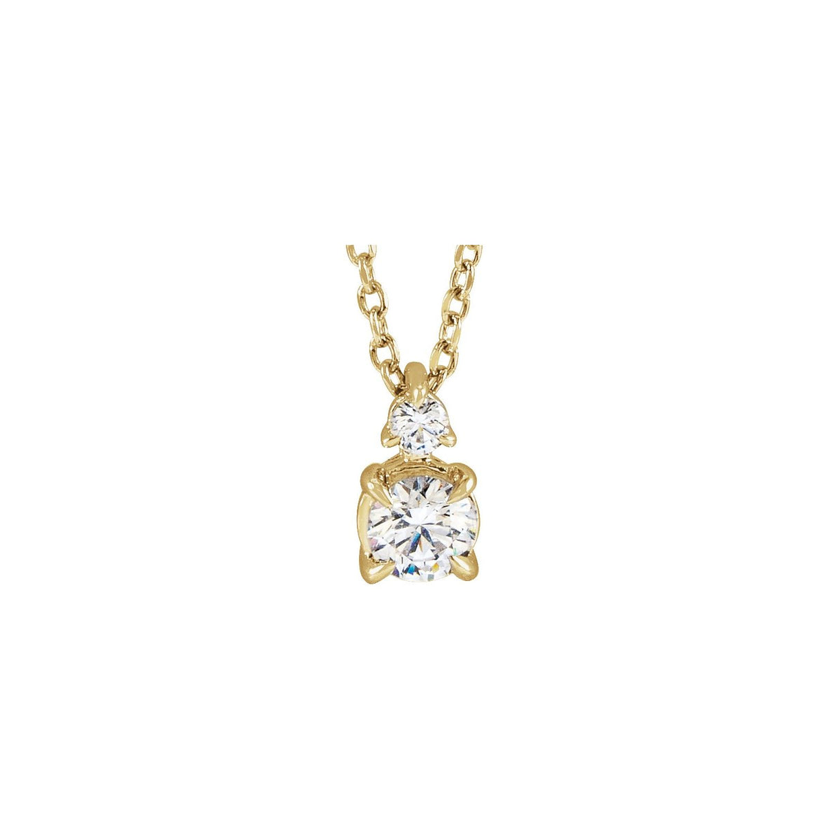 14kt yellow gold claw prong lab grown diamond pendant with a petite diamond above, front view
