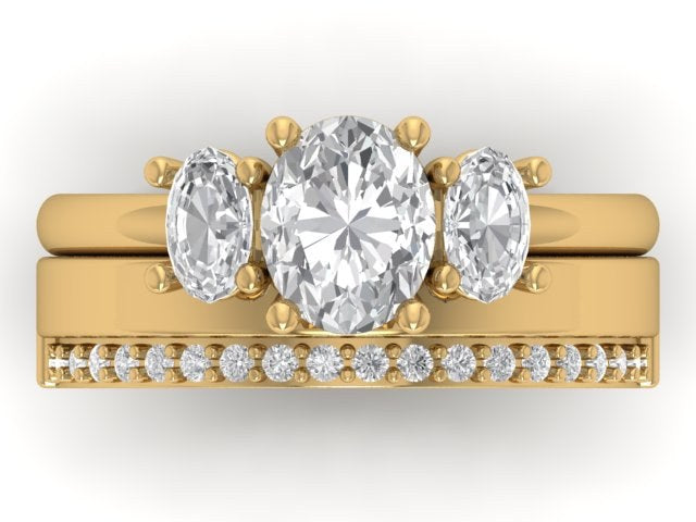 Cigar Glamour Wedding Band, front view as a bridal set with a three stone engagement ring