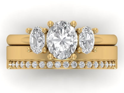 Cigar Glamour Wedding Band, front view as a bridal set with a three stone engagement ring