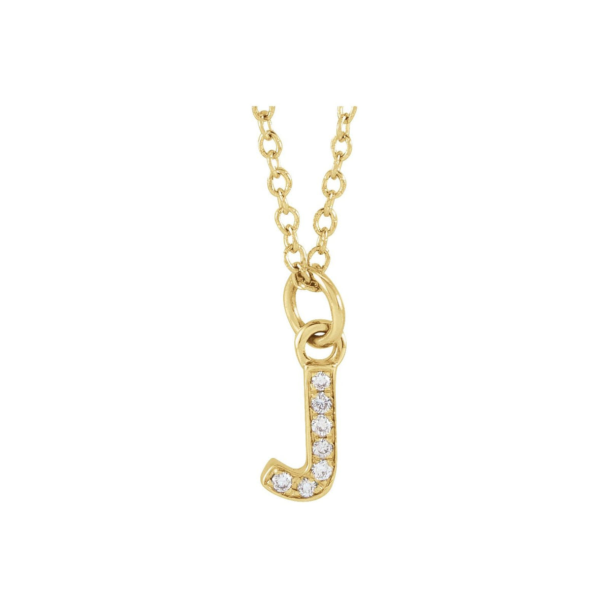 14kt yellow gold tiny diamond initial J necklace on a cable chain, front view