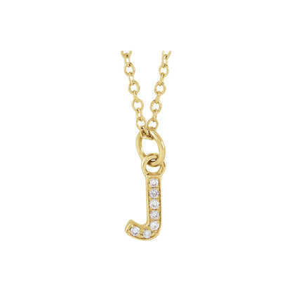 14kt yellow gold tiny diamond initial J necklace on a cable chain, front view