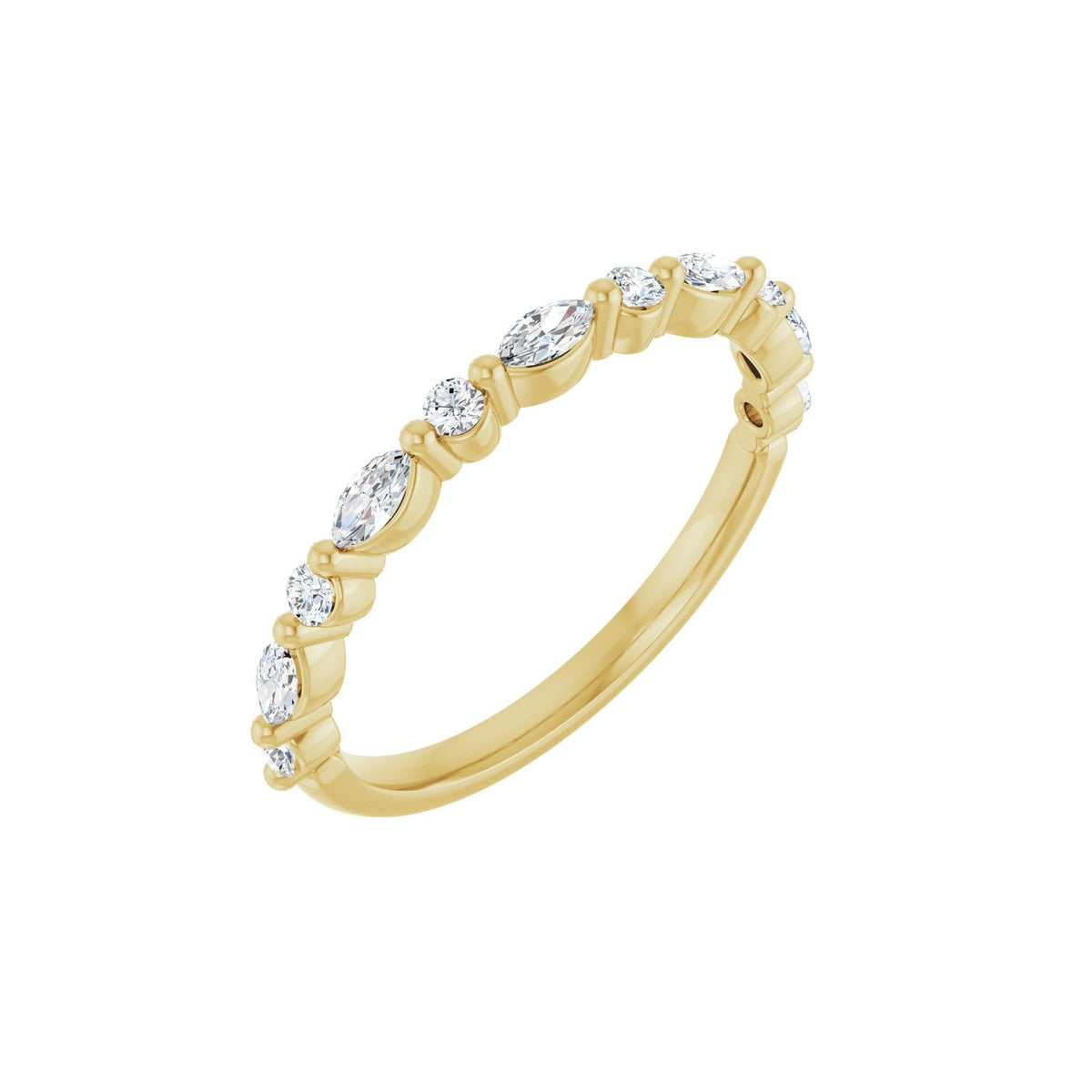 Marquise Diamond Showers wedding band in 14kt yellow gold with marquise and round diamonds, perspective view