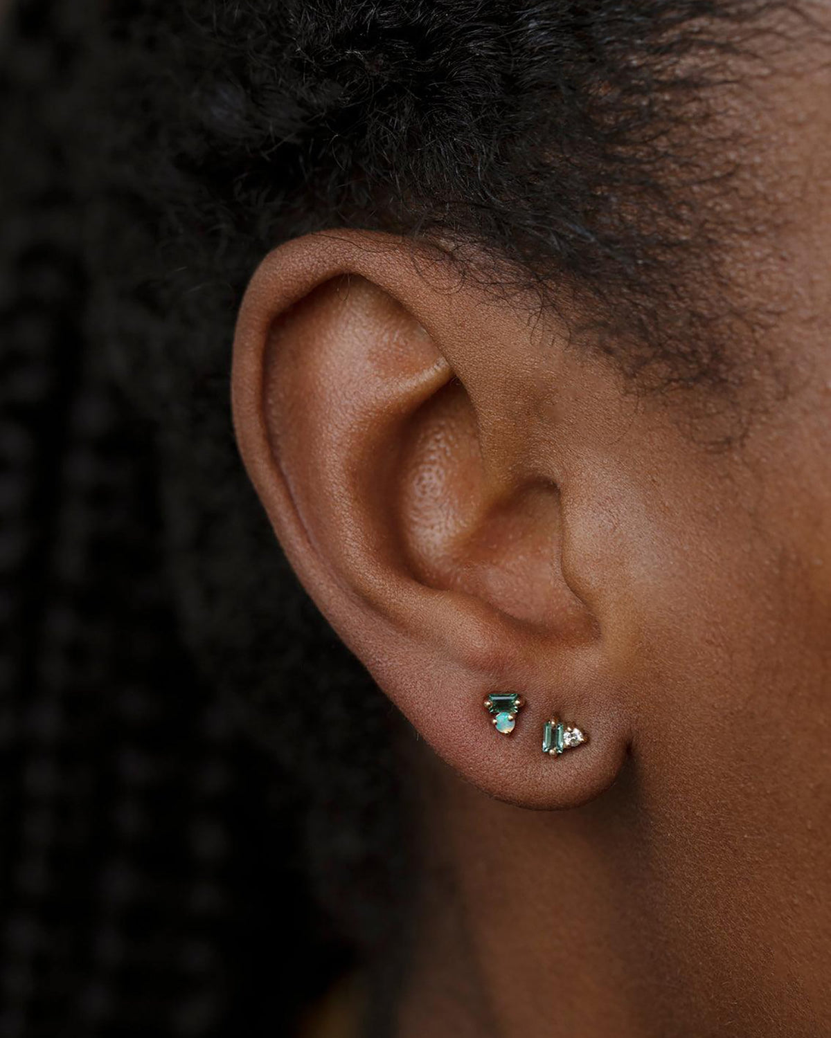 Tourmaline &amp; Opal Column Studs worn in an ear stack