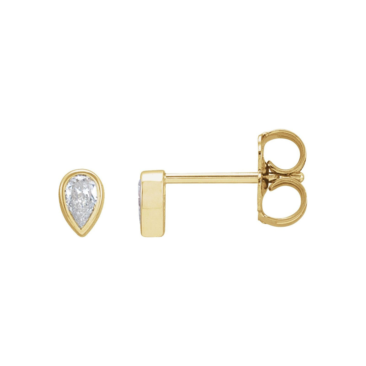BB Pear Dew Drops, bezel set pear diamond studs in 14kt yellow gold