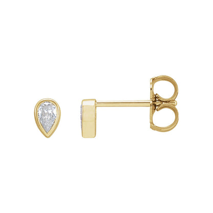 BB Pear Dew Drops, bezel set pear diamond studs in 14kt yellow gold