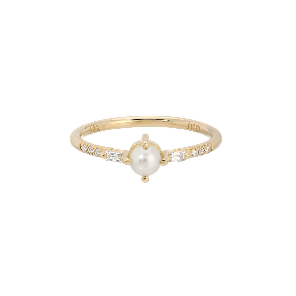 Jennie Kwon Solo Pearl Baguette Equilibrium Ring in 14kt yellow gold