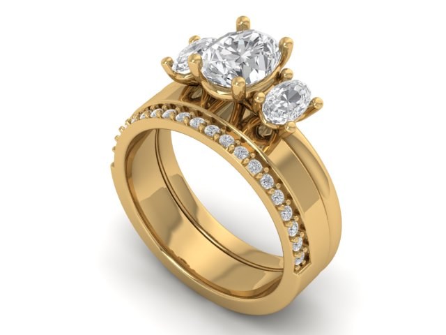 Cigar Glamour Wedding Band in 14kt yellow gold paired with a three stone engagement ring, perspective view