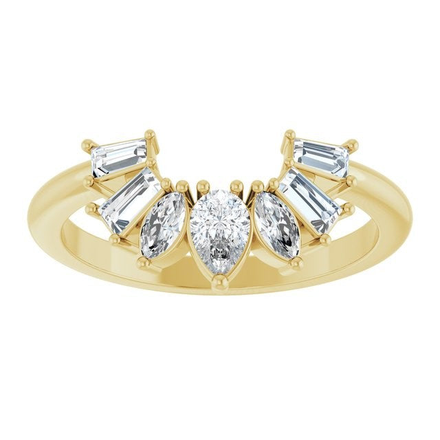 Starburst Diamond Deco Wedding Band, front view of pear, marquise and tapered baguette diamonds