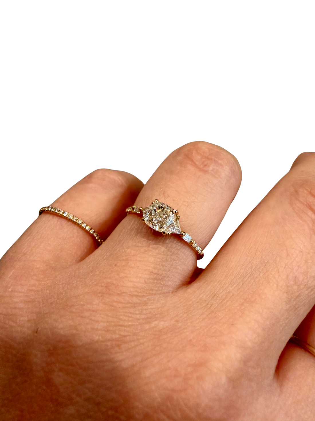Cushion Trillion Baguette Equilibrium Ring by Jennie Kwon, 14kt gold, VS), two 3mm trillion diamonds, two 2 x 1.25mm baguette diamonds, six 1mm diamonds