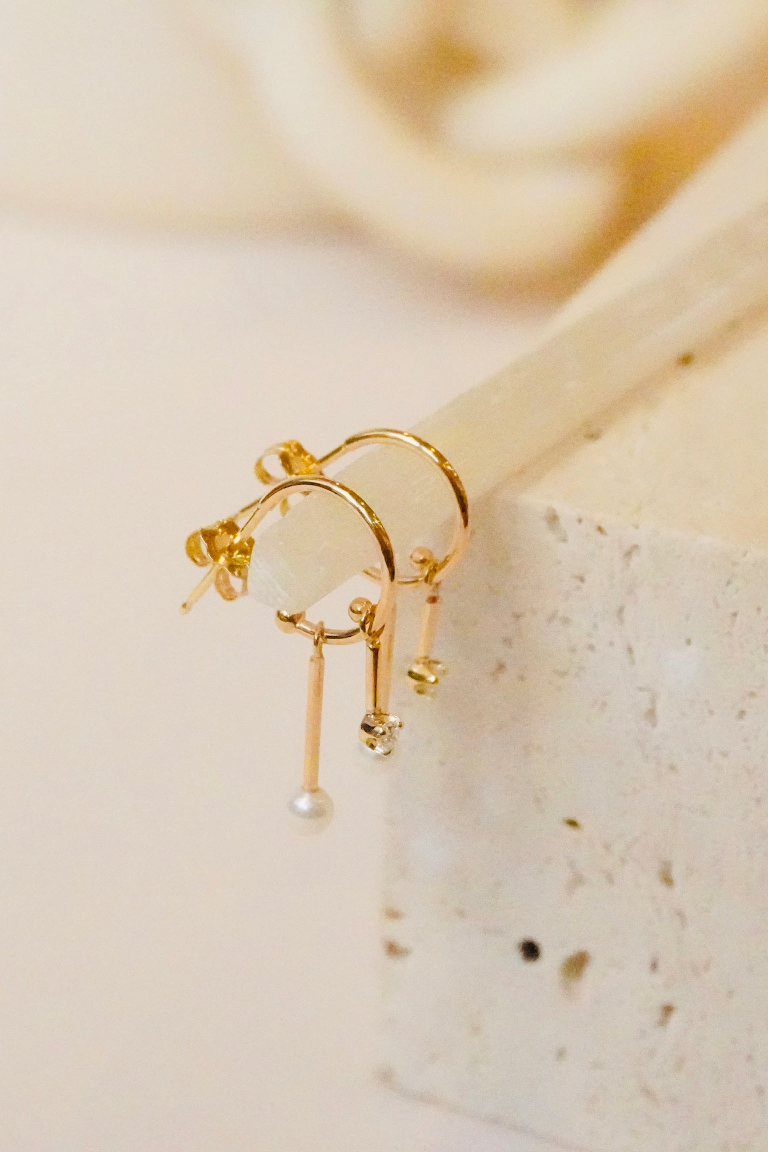 14KT DANGLING DIAMOND &amp; TINY PEARL BAR THIN HUGGIE HOOPS