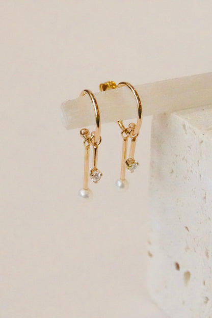 14KT DANGLING DIAMOND &amp; TINY PEARL BAR THIN HUGGIE HOOPS