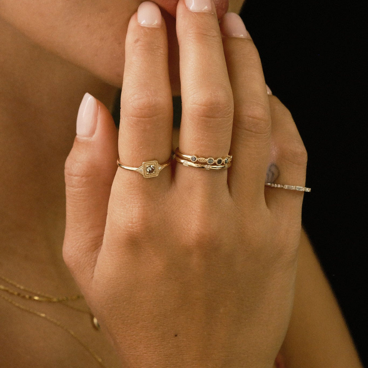 Diamond Neo Gold Wedding Band by Jennie Kwon worn on the hand