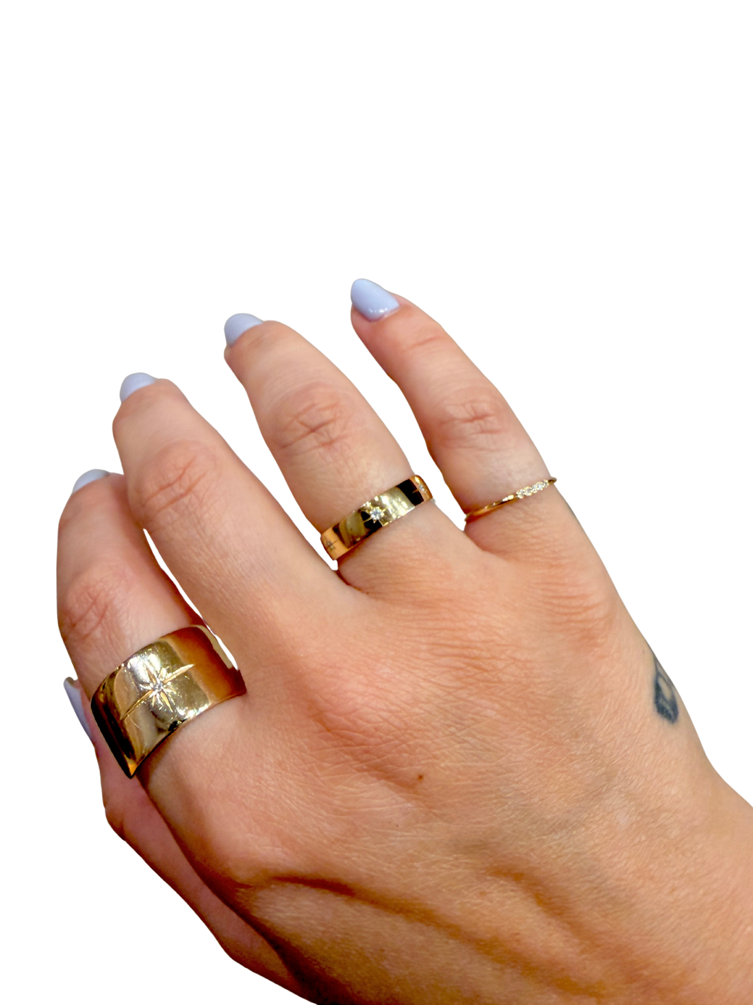 Luna Band by Gjenmi, 14kt yellow gold band, three white diamonds, hand set in a star setting