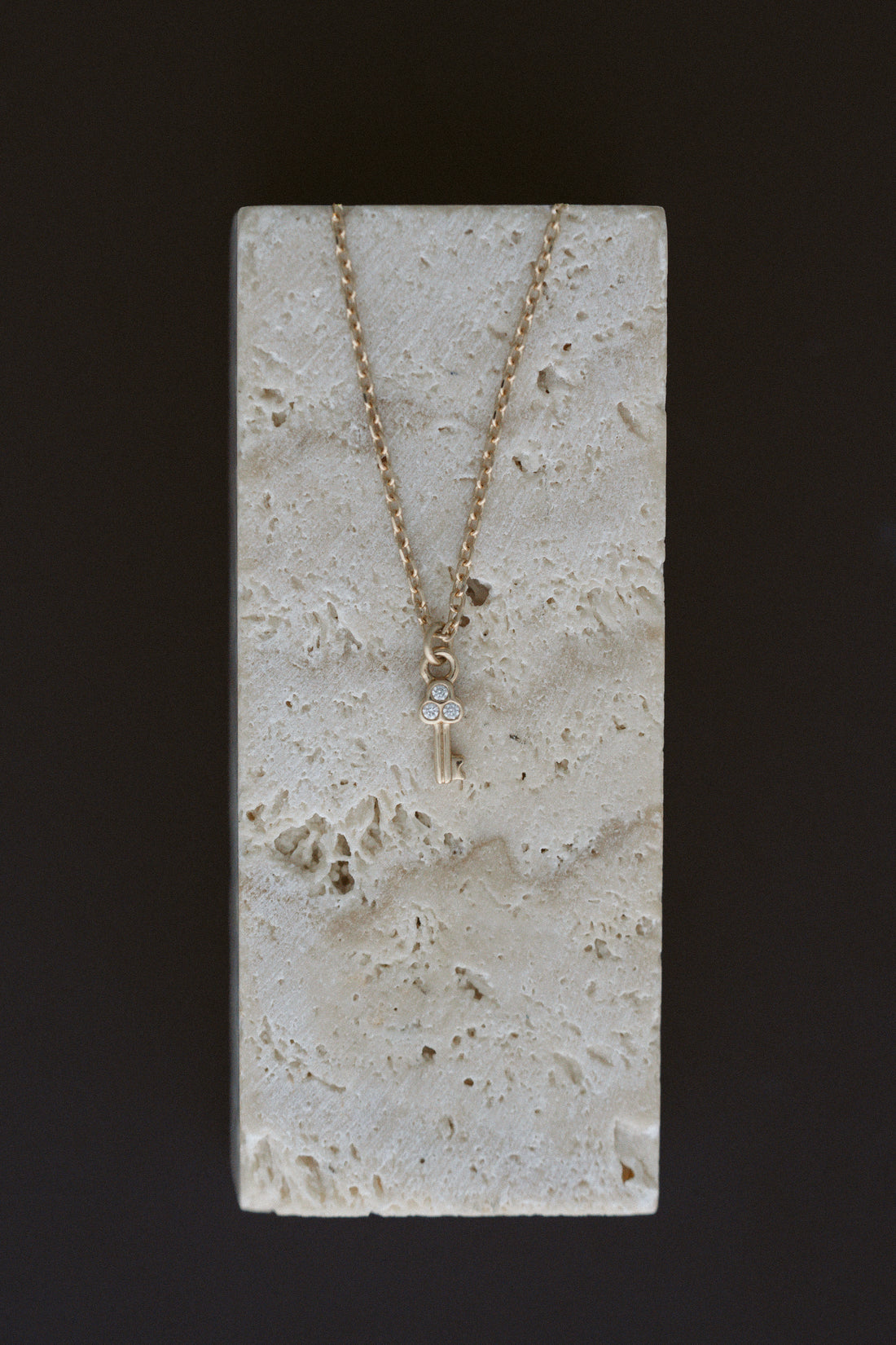 Lovers Maven Charm Necklace by Lane &amp; Kate, 14kt solid gold, petite key charm, three bezel set natural diamonds, adjustable from 16" to 18"