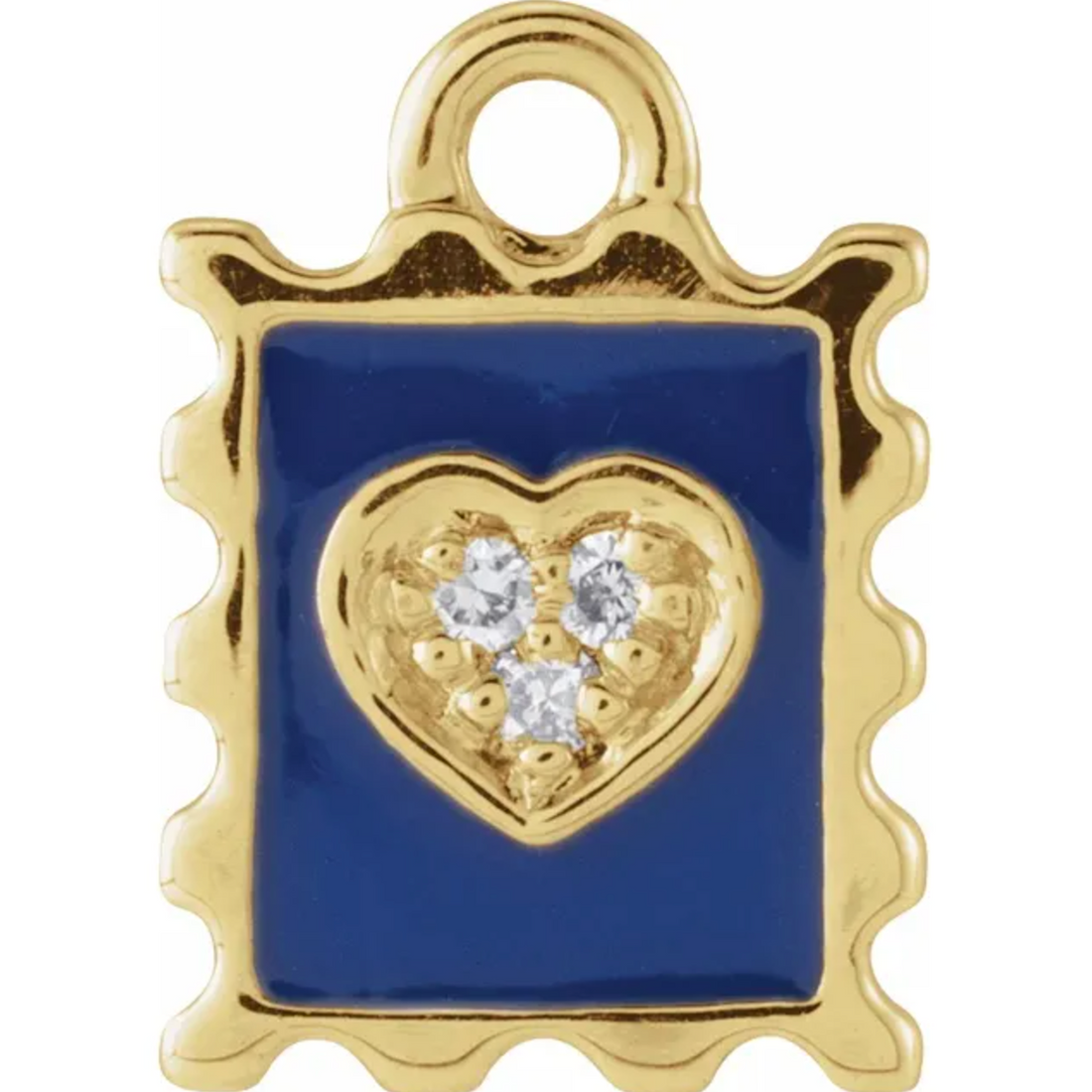 14kt gold petite love stamp charm in blue enamel with three diamonds