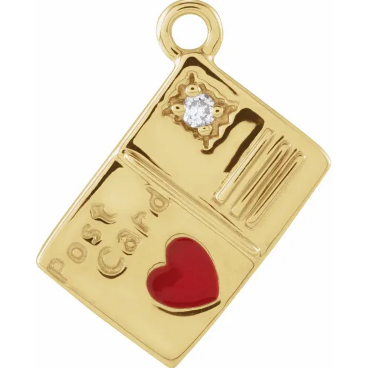 14kt gold petite postcard love note charm with a natural diamond