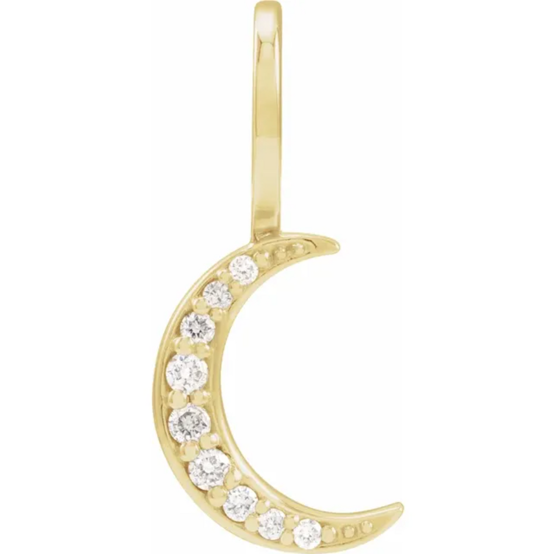 14kt gold crescent moon pendant with a bezel set lab grown diamond