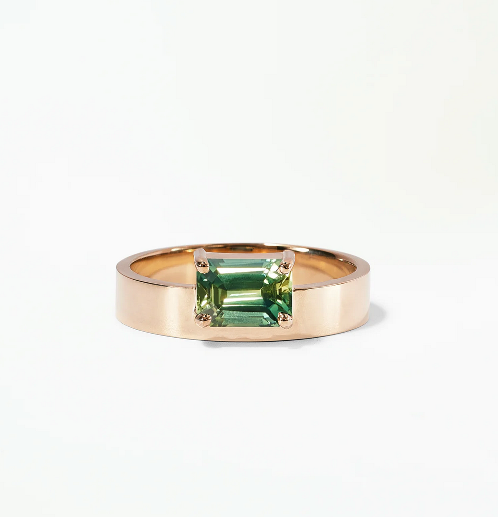 Sapphire Monolith Ring by WWAKE, 14kt recycled gold, one of a kind horizontal emerald cut sapphire