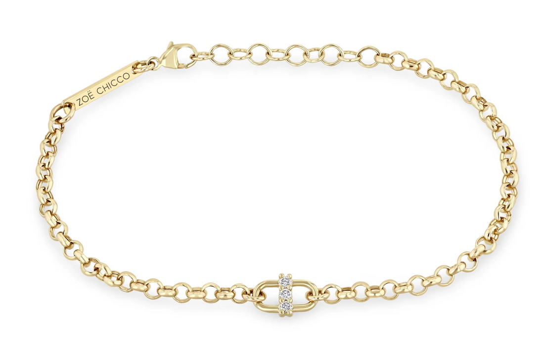 14KT 3 PRONG DIAMOND OPEN LINK ROLO CHAIN BRACELET