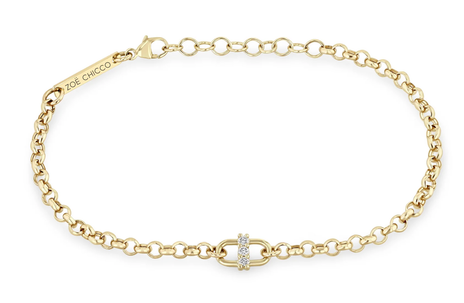 14KT 3 PRONG DIAMOND OPEN LINK ROLO CHAIN BRACELET