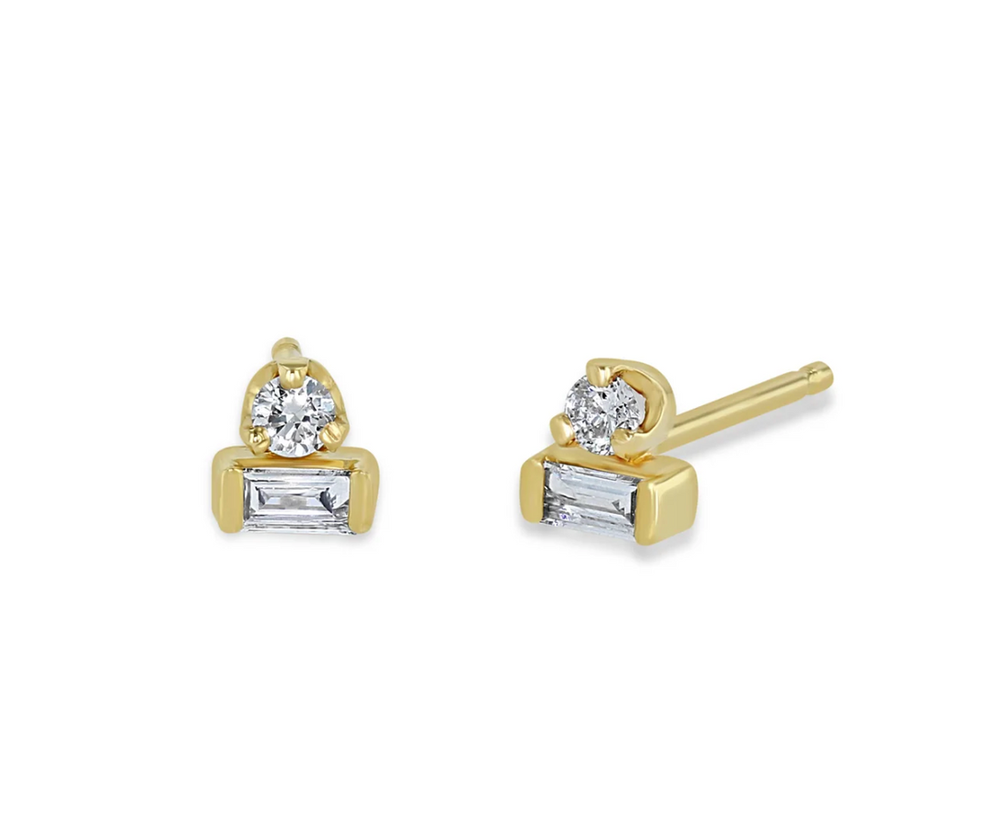 14KT BAGUETTE &amp; PRONG DIAMOND STACKED STUDS