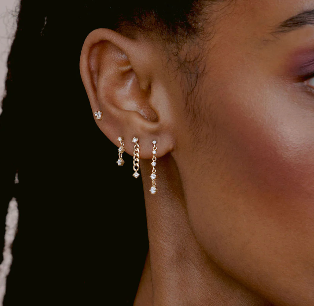 14KT BAGUETTE &amp; PRONG DIAMOND STACKED STUDS