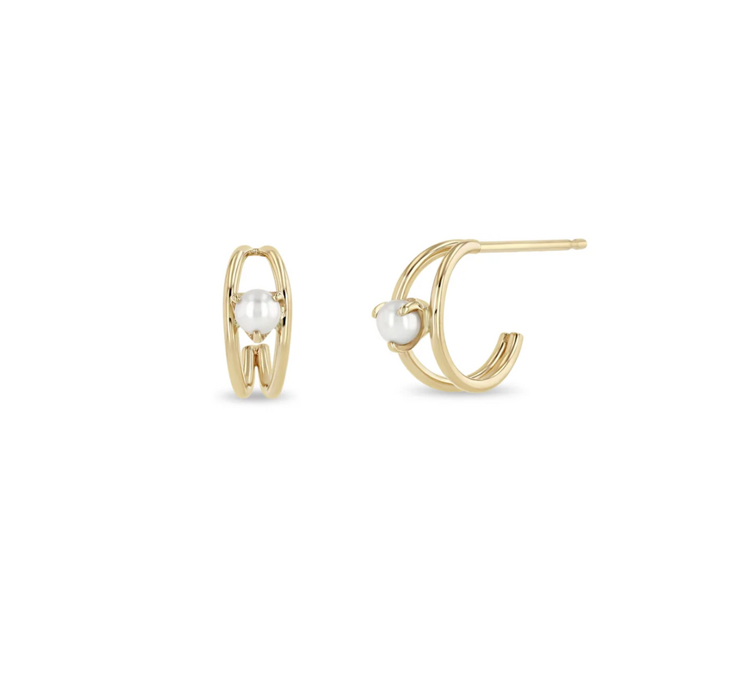 14KT NESTED PRONG PEARL DOUBLE WIRE HUGGIE EARRINGS