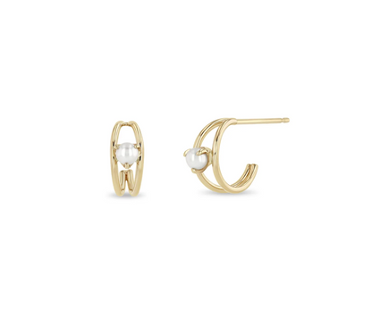 14KT NESTED PRONG PEARL DOUBLE WIRE HUGGIE EARRINGS