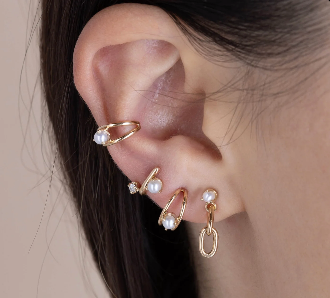 14KT NESTED PRONG PEARL DOUBLE WIRE HUGGIE EARRINGS