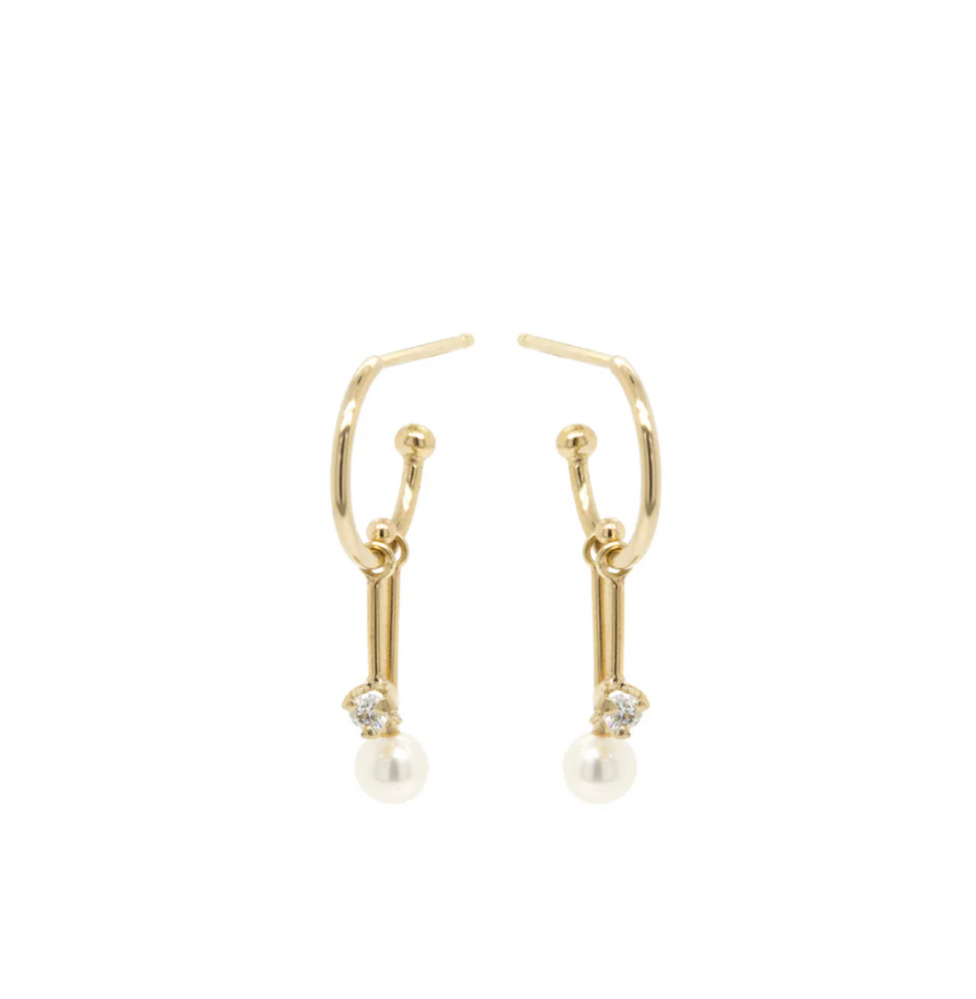 14KT DANGLING DIAMOND &amp; TINY PEARL BAR THIN HUGGIE HOOPS