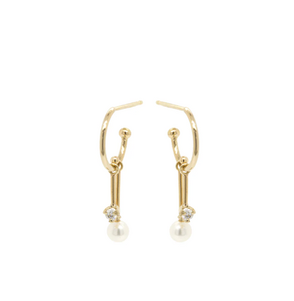 14KT DANGLING DIAMOND &amp; TINY PEARL BAR THIN HUGGIE HOOPS