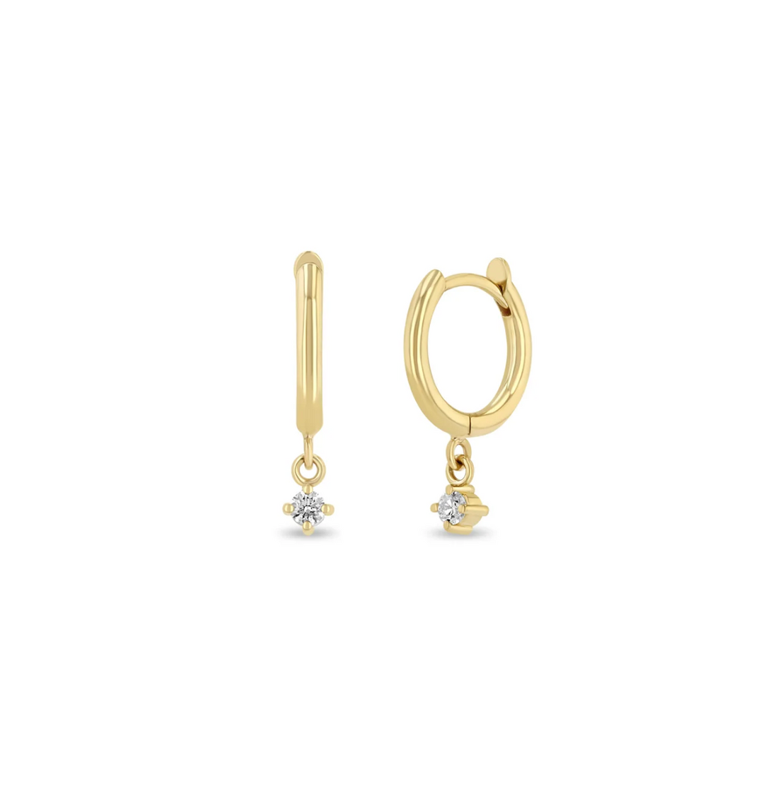 14KT DANGLING DIAMOND SMALL HINGE HOOP HUGGIE