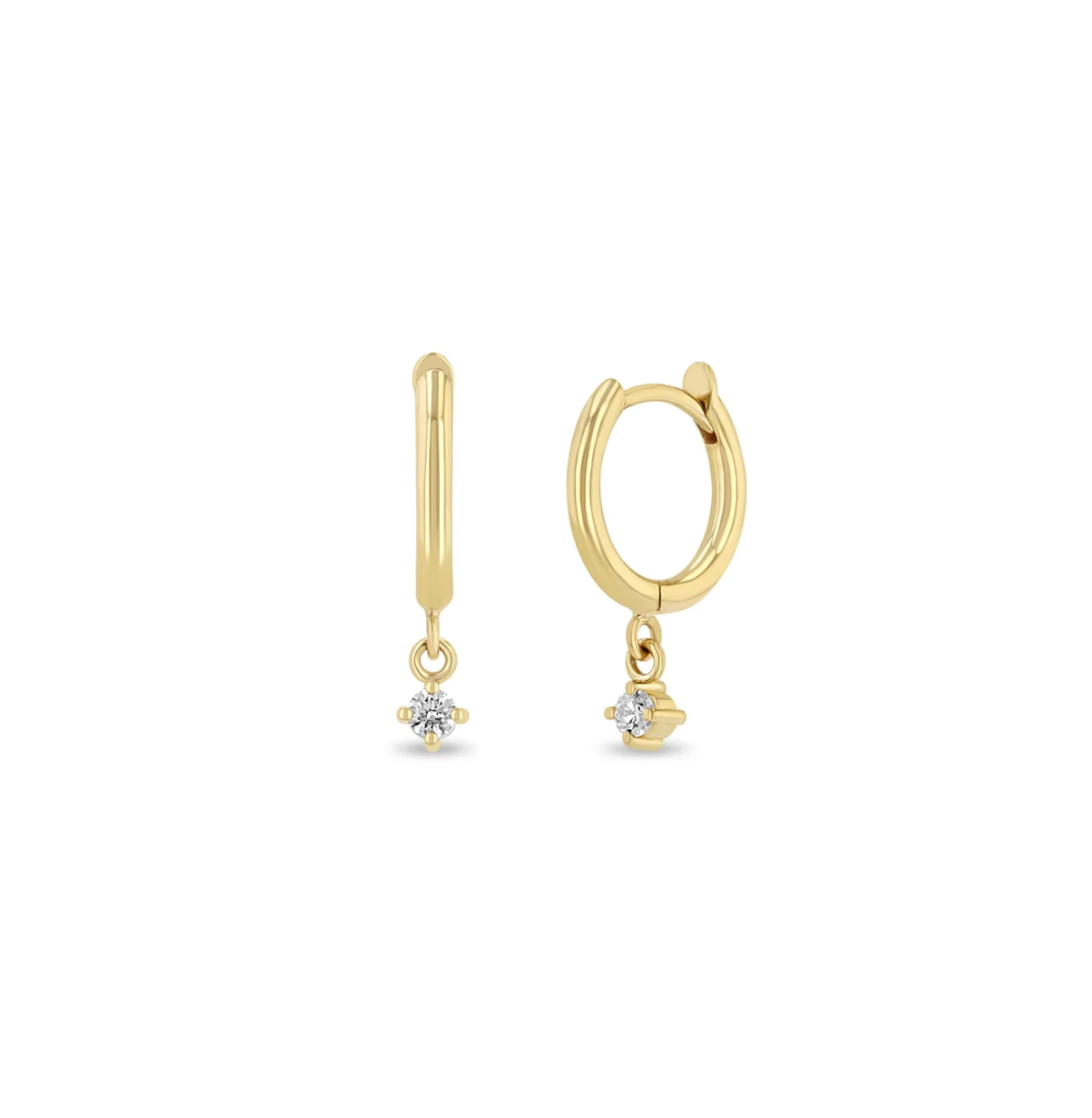 14KT DANGLING DIAMOND SMALL HINGE HOOP HUGGIE