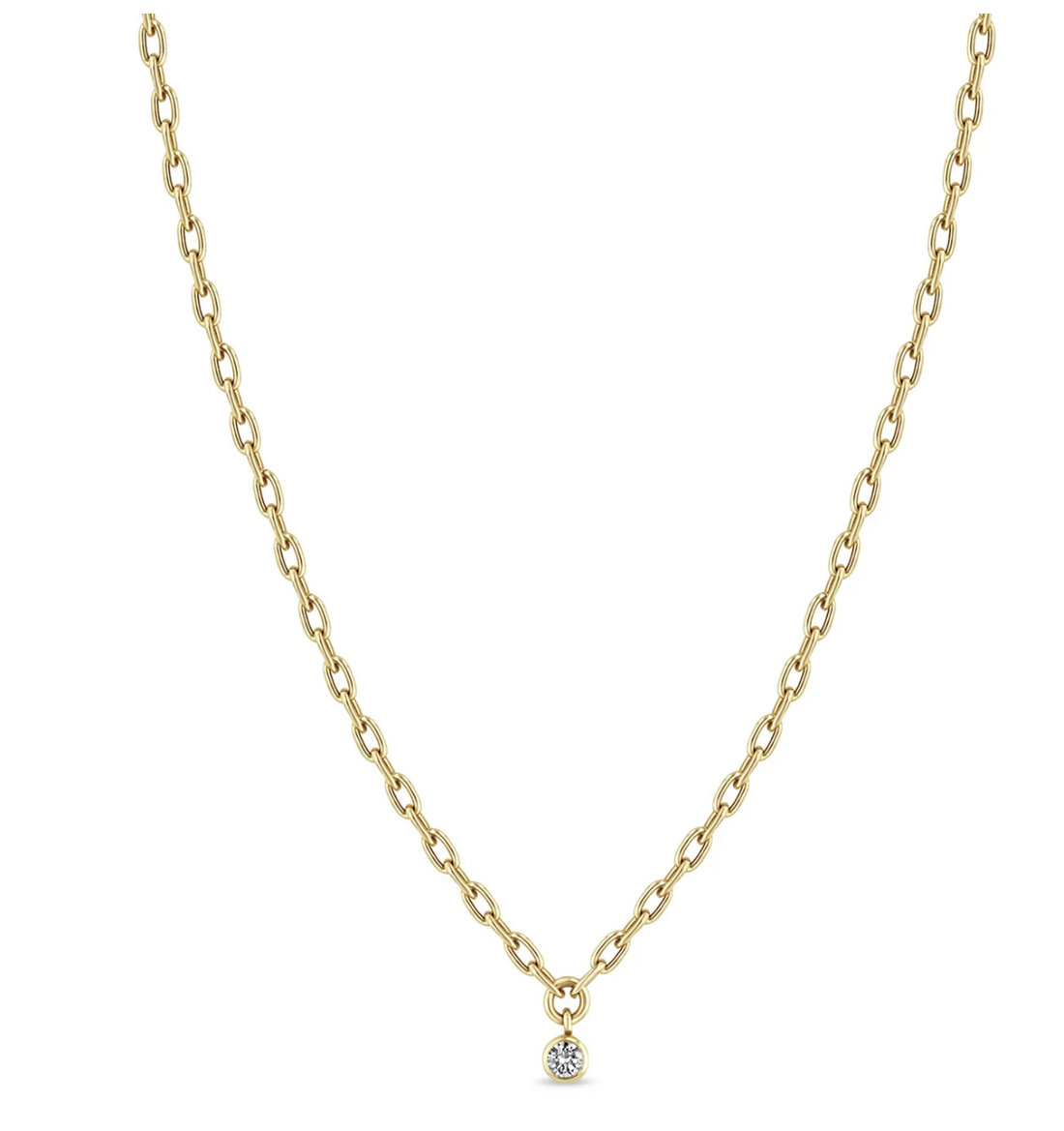 14KT SMALL SQUARE OVAL LINK DANGLING DIAMOND BEZEL NECKLACE