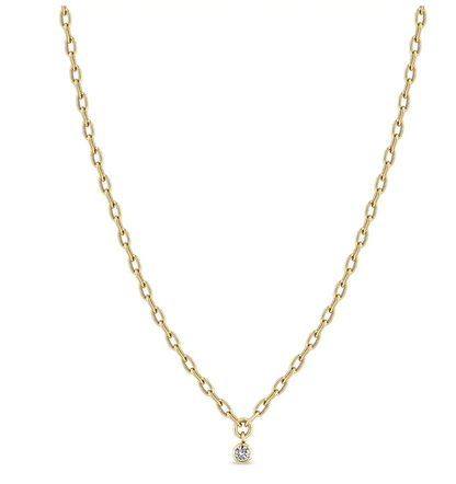 14KT SMALL SQUARE OVAL LINK DANGLING DIAMOND BEZEL NECKLACE
