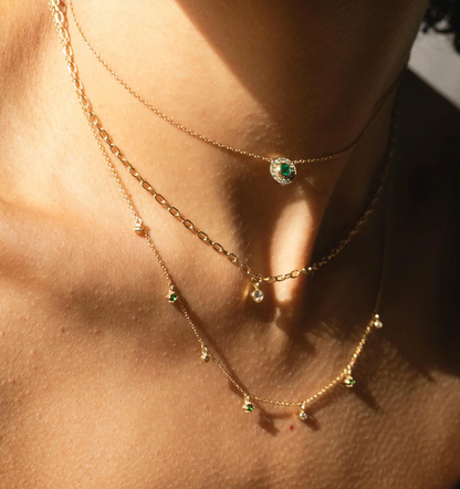 14KT SMALL SQUARE OVAL LINK DANGLING DIAMOND BEZEL NECKLACE