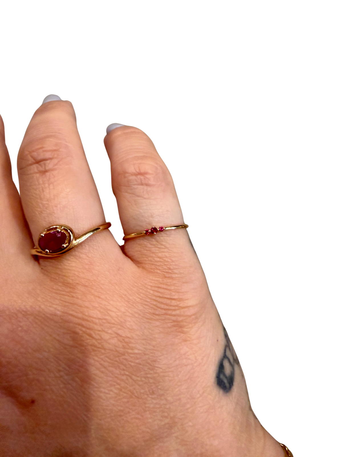 Tres Ruby Ring by Jennie Kwon, 14kt gold band, one 1.5mm ruby, two 1.2mm rubies