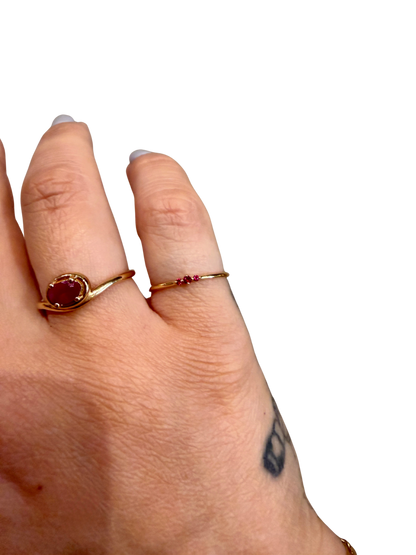 Tres Ruby Ring by Jennie Kwon, 14kt gold band, one 1.5mm ruby, two 1.2mm rubies