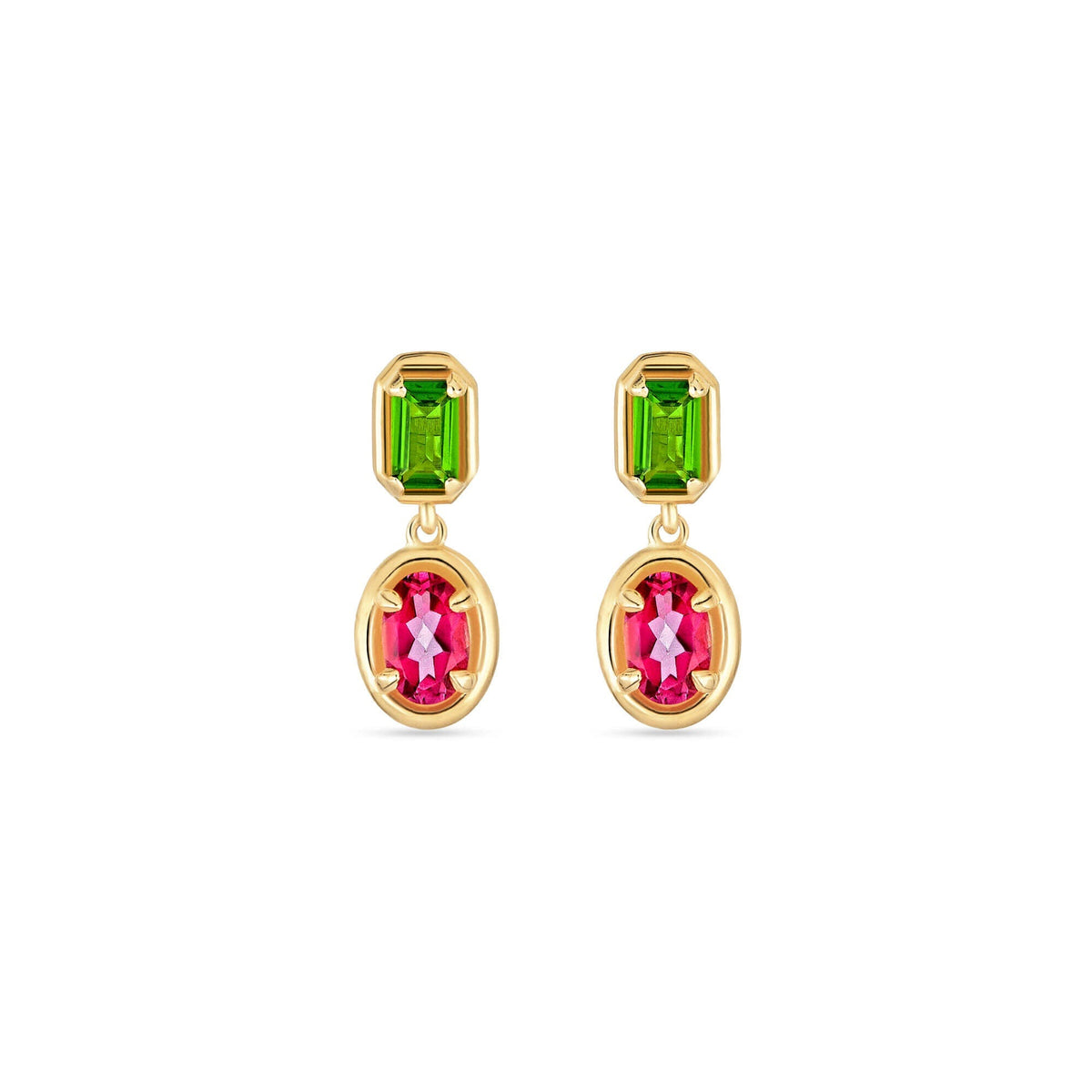 Stone &amp; Strand Duchess Orchid Earrings with chrome diopside and pink topaz in 10kt yellow gold
