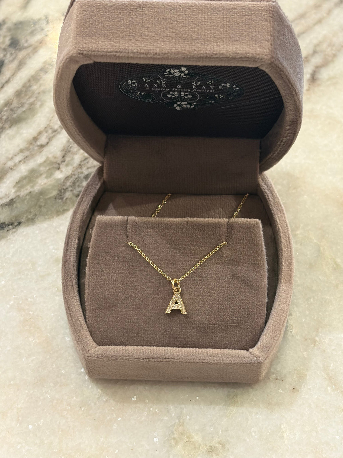 Diamond Initial Necklace, letter A in 14kt yellow gold in a gift box