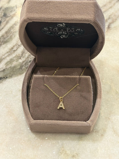 Diamond Initial Necklace, letter A in 14kt yellow gold in a gift box
