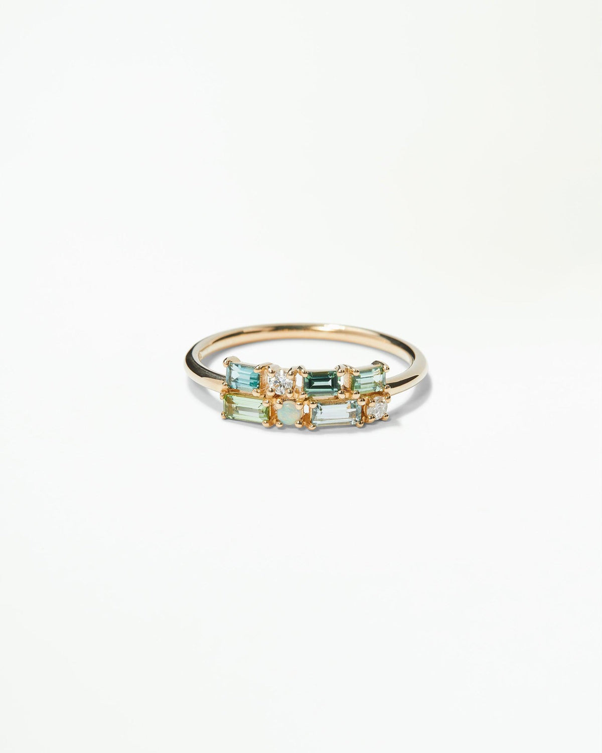 WWAKE Tourmaline &amp; Diamond Brickwork Ring in 14kt yellow gold with green tourmaline baguettes, diamonds and an opal, product view
