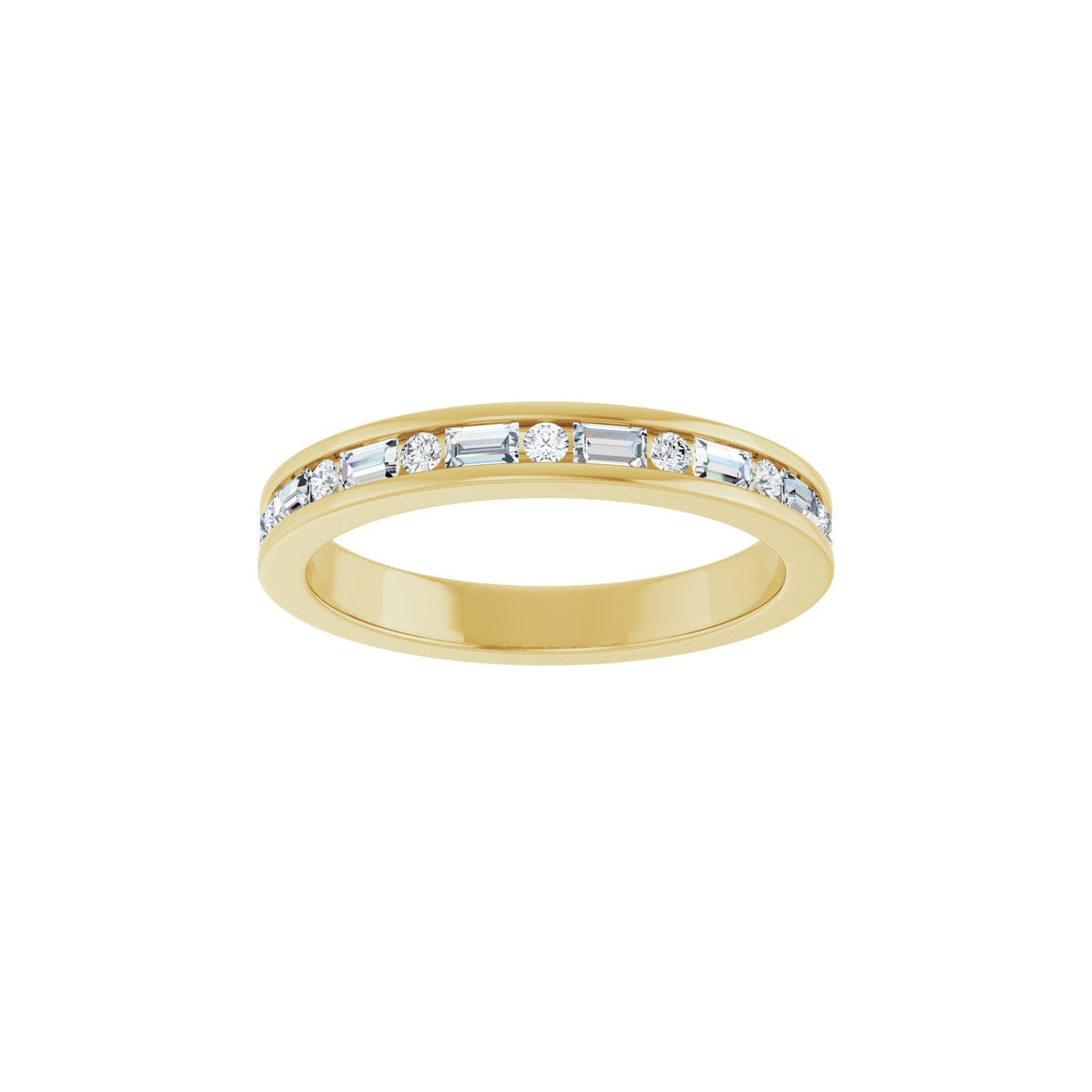 Baguette Rivulet wedding band in 14kt yellow gold with channel set baguette and round diamonds, front view
