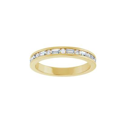 Baguette Rivulet wedding band in 14kt yellow gold with channel set baguette and round diamonds, front view