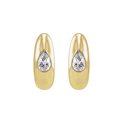 Pear Dewdrop Huggies in 14kt yellow gold with bezel set lab grown pear diamonds, front view
