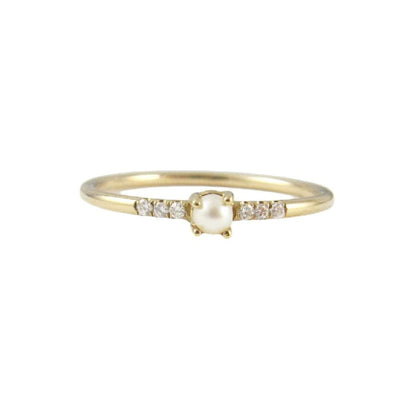 White Diamond Pearl Equilibrium Ring with a pearl and white diamonds in 14kt yellow gold, product view 2