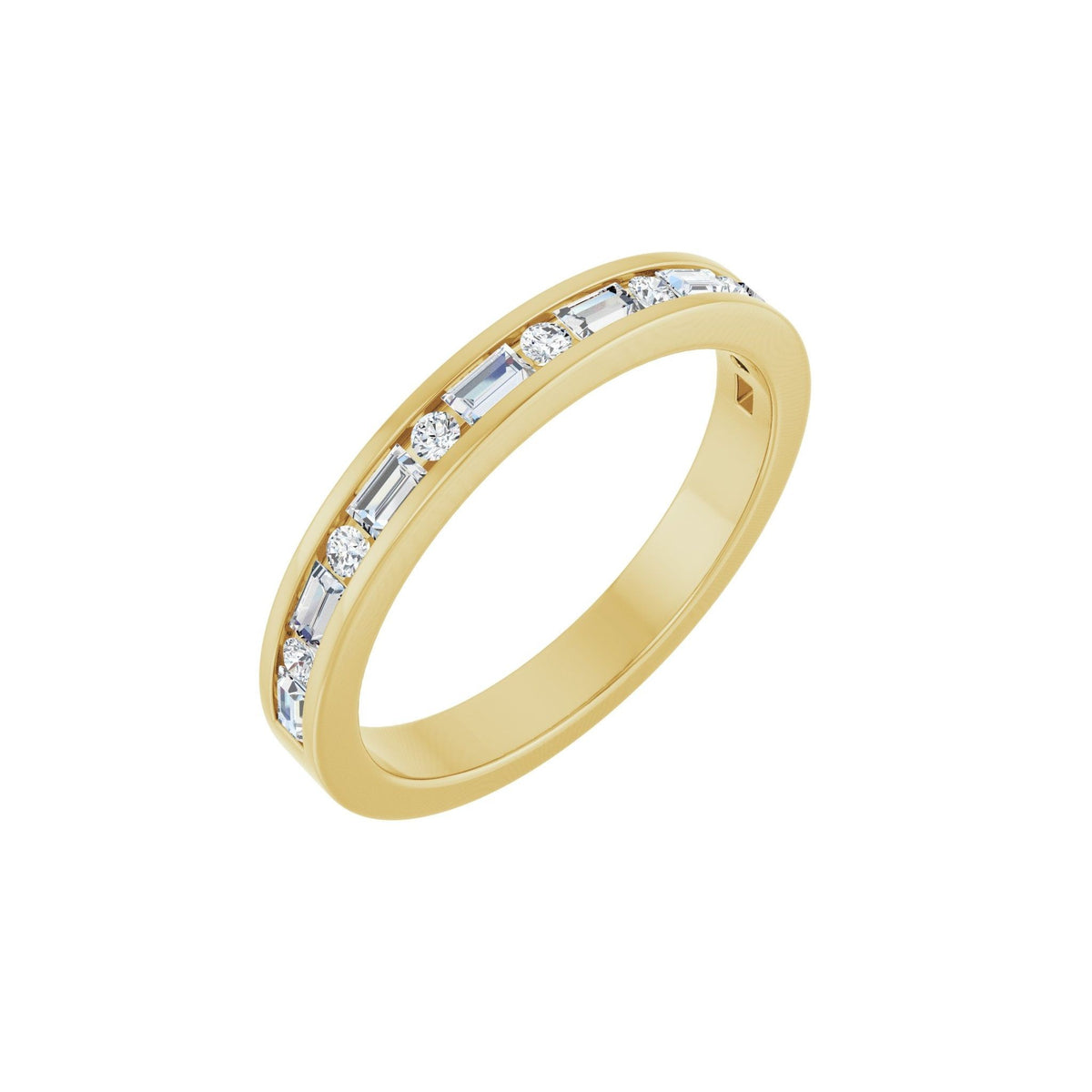 Baguette Rivulet wedding band in 14kt yellow gold with channel set baguette and round diamonds, perspective view