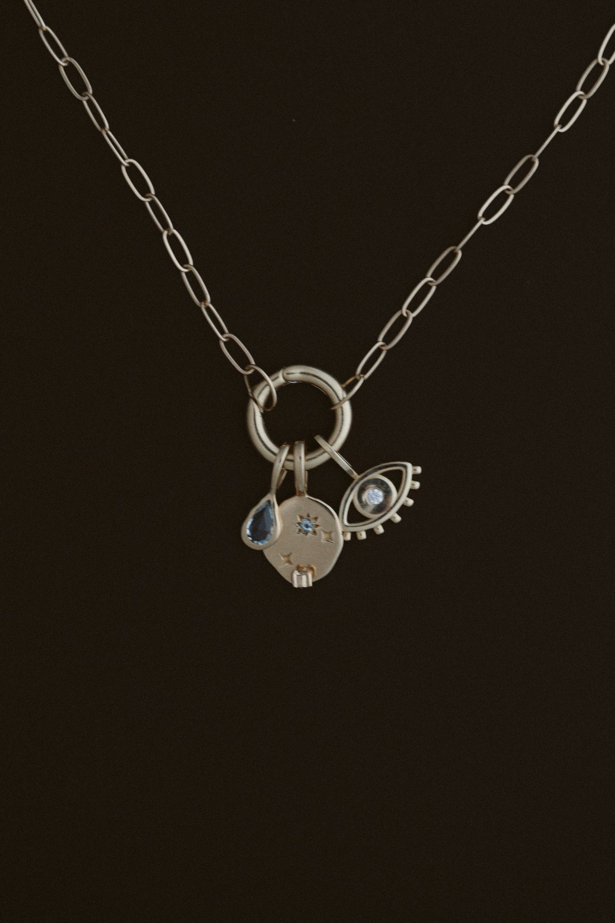 Paperclip Circle Charm Necklace by Lane &amp; Kate in 14kt yellow gold, shown holding charms