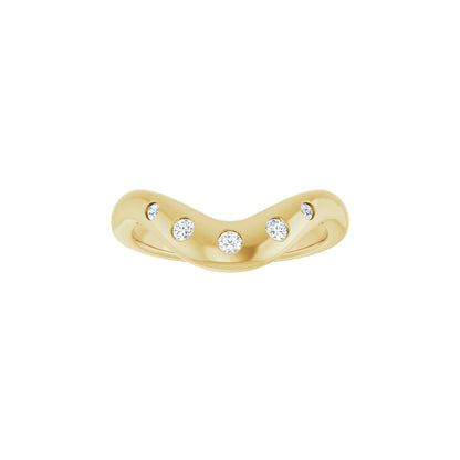 Gypsy Embrace contour wedding band in 14kt yellow gold with flush set round diamonds, front view