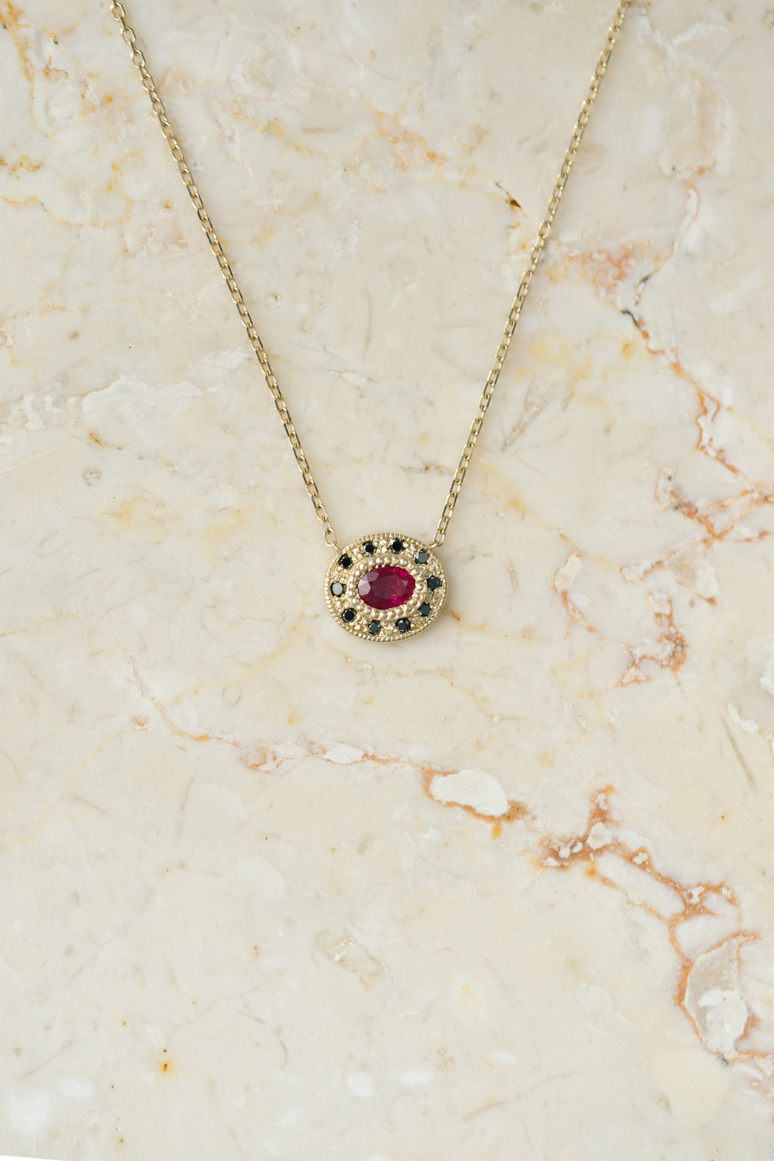 Jennie Kwon Ruby Halo Necklace in 14kt yellow gold